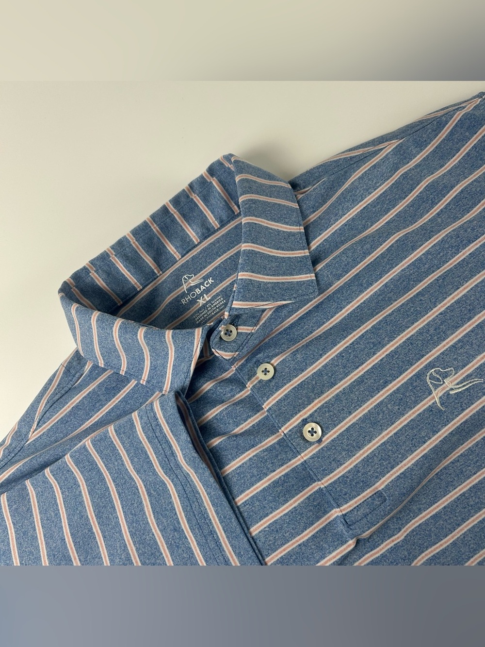 Rhoback Men’s SZ XL Polo Shirt Striped Light Blue Pink Golf Performance Active